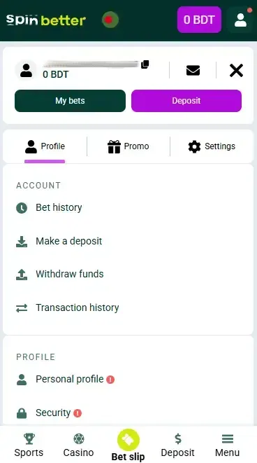 Spinbetter BD Account