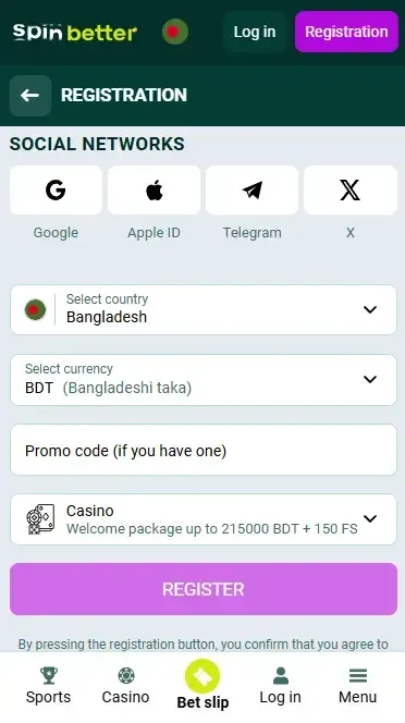 Spinbetter: Registration in the app in Bangladesh