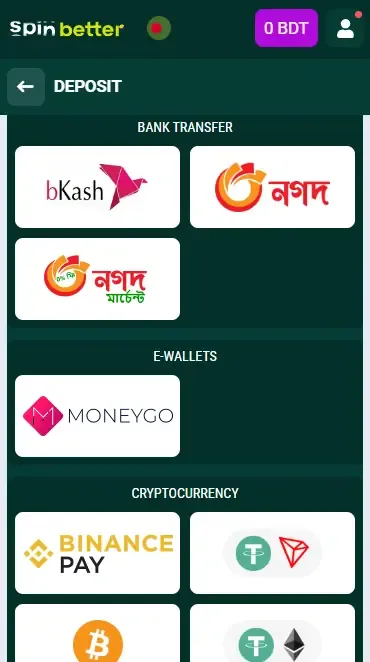 Spinbetter Deposit Options in Bangladesh
