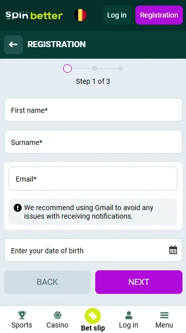 Spinbetter Belgium registration via email