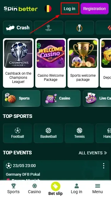 Spinbetter Belgium login button
