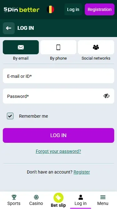 Spinbetter login via email in Belgium