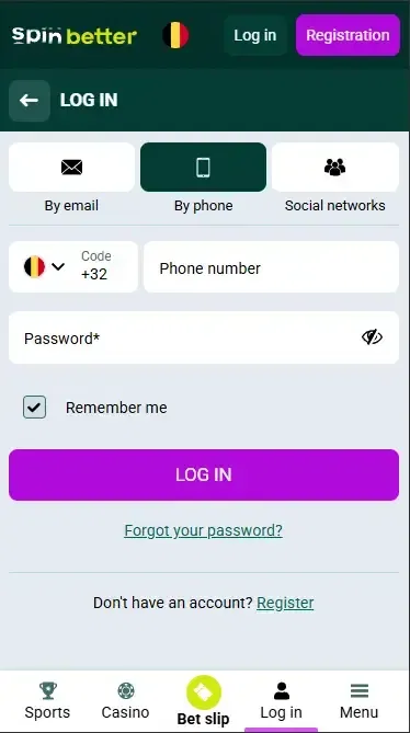 Spinbetter Belgium login via phone number