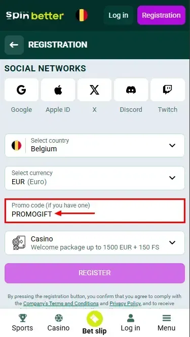 Spinbetter Belgium promo code
