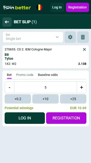 Spinbetter Belgium: eSports betting slip