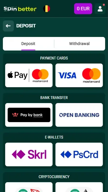 Spinbetter deposit options