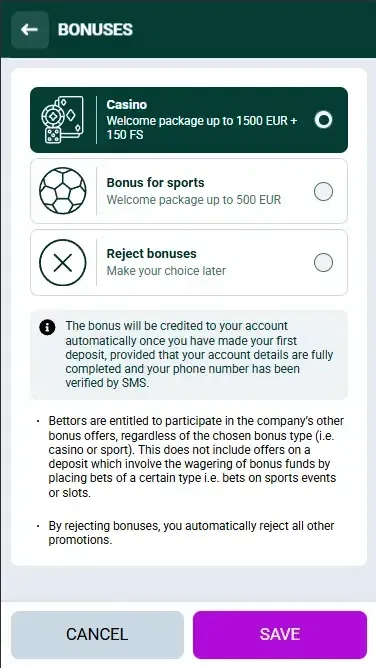 Welcome package + Free spins