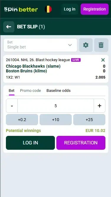 Spinbetter Belgium hockey bet slip