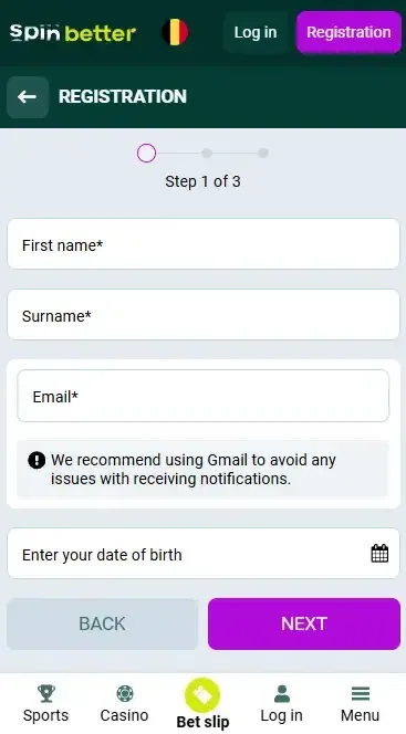 Spinbetter Belgium Registration via Email