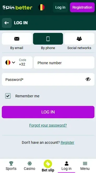Spinbetter Belgium Login via Phone Number