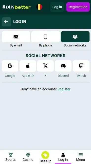 Spinbetter Belgium Login via Social Networks
