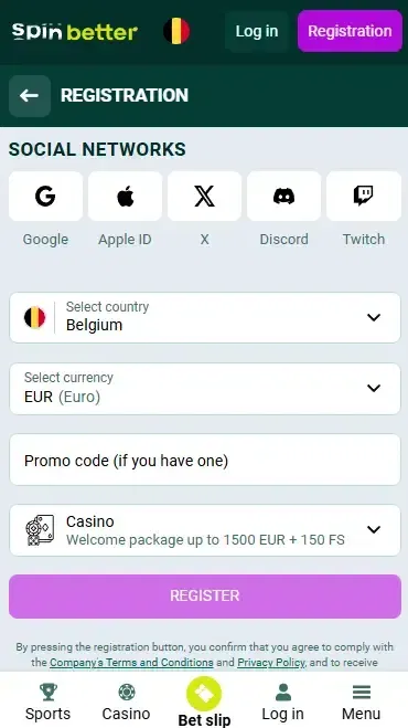 Spinbetter Belgium Registration via Social Nets