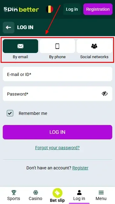 Spinbetter BE: ways to log in