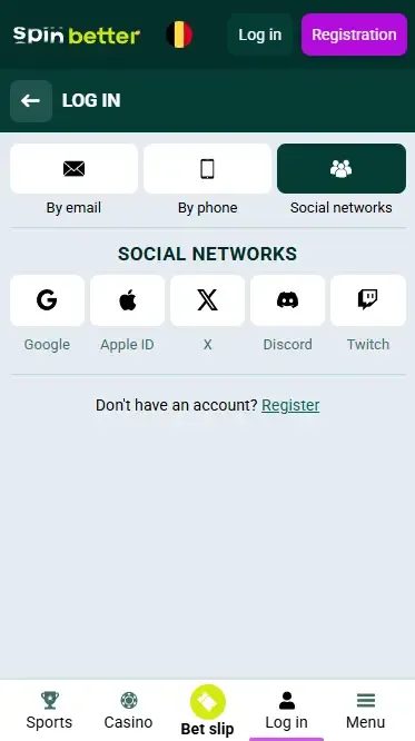 Spinbetter Belgium: Login via social networks