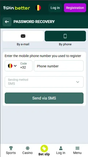 Password recovery by phone number on Spinbetter BE