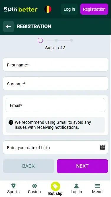 Spinbetter Belgium: email registration