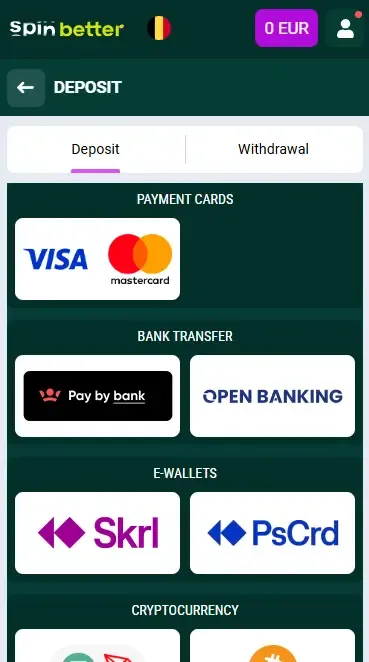 Spinbetter Belgium: deposit methods