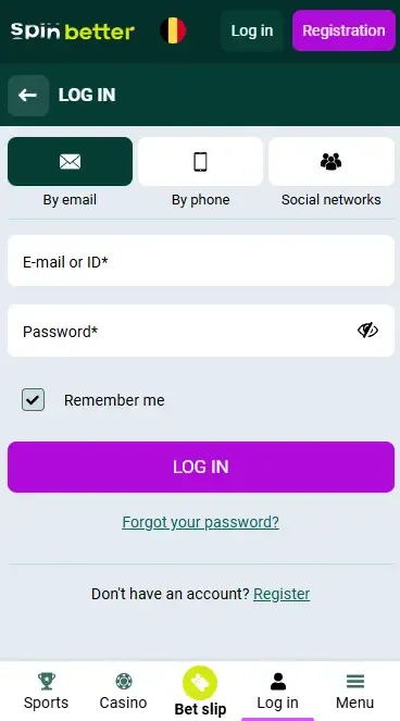 Spinbetter Belgium: Email login