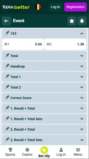Spinbetter Belgium betting markets