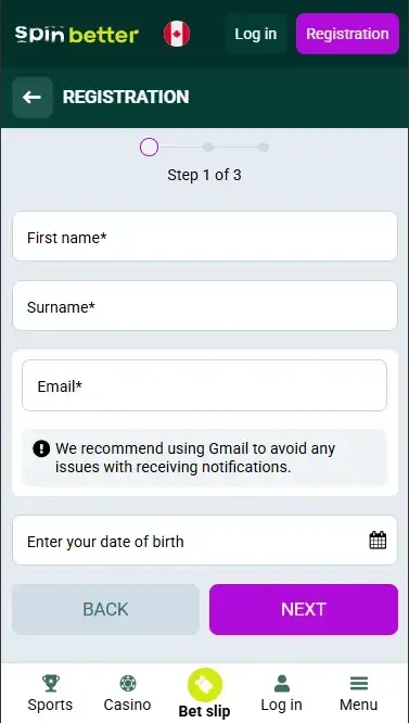 Spinbetter Registration via Email in Canada