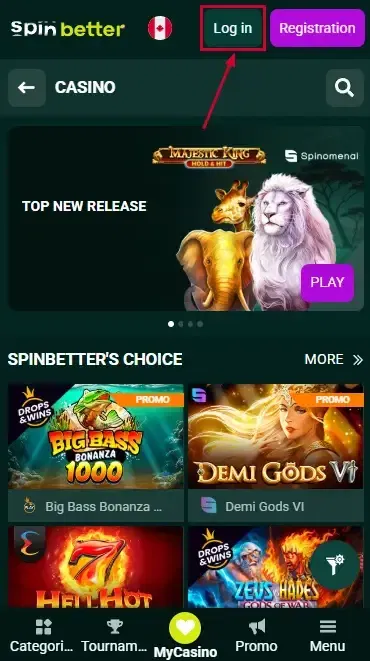 Spinbetter Canada Login Button