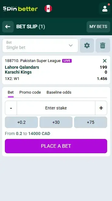 Spinbetter Canada: Cricket Bet Slip