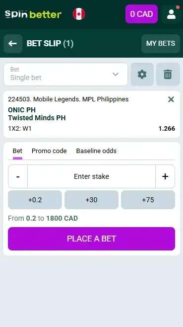 Spinbetter Canada: Esport Bet Slip
