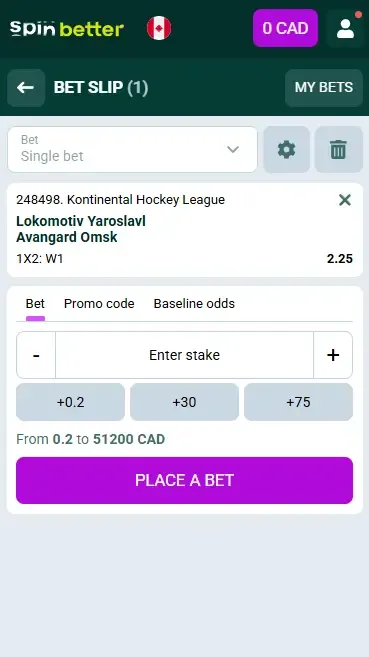 Spinbetter Canada Hockey Bet Slip