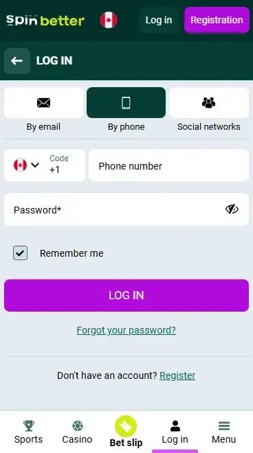 Spinbetter Canada Login via Phone Number