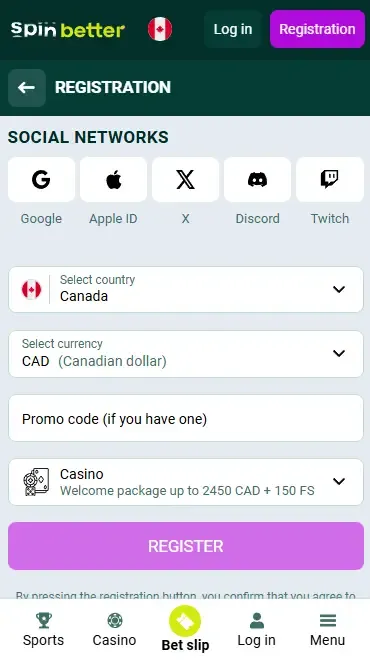Spinbetter Canada Registration via Social Nets