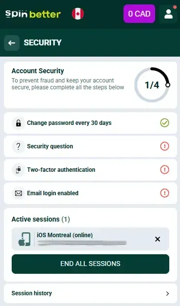 Spinbetter Canada: Account Protection