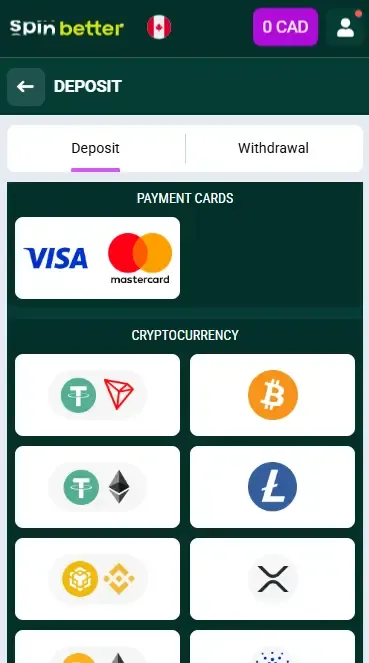 Spinbetter Canada: Deposit Options
