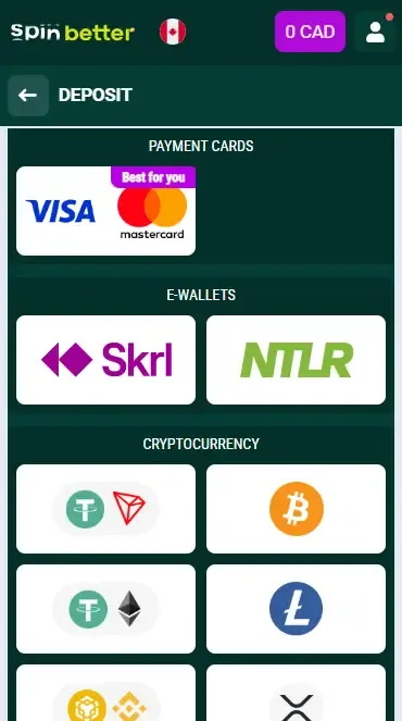 Spinbetter Canada: Deposit Methods