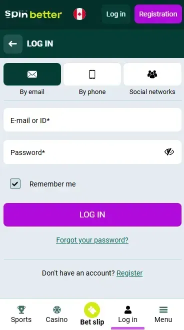 Spinbetter Canada: Login via email