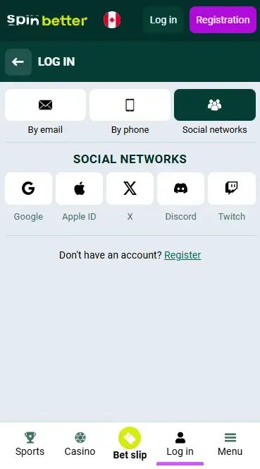 Spinbetter sign-in via social networks in Canada