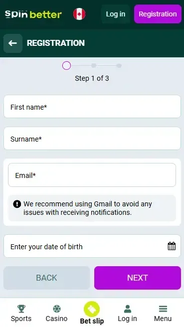Spinbetter registration in Canada by email