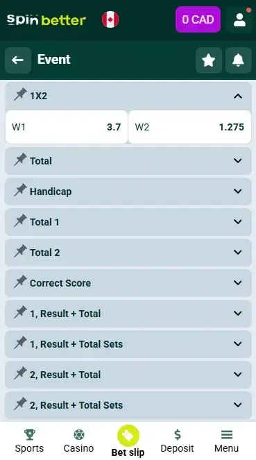 Spinbetter Canada Betting Markets
