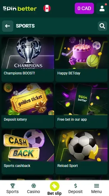 Spinbetter Canada Sport Bonuses