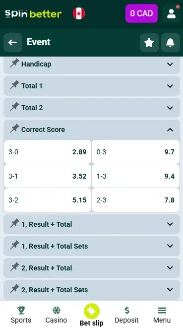 Spinbetter Canada Correct Score (Volleyball)