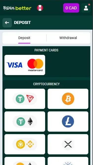 Spinbetter Deposit Options in Canada