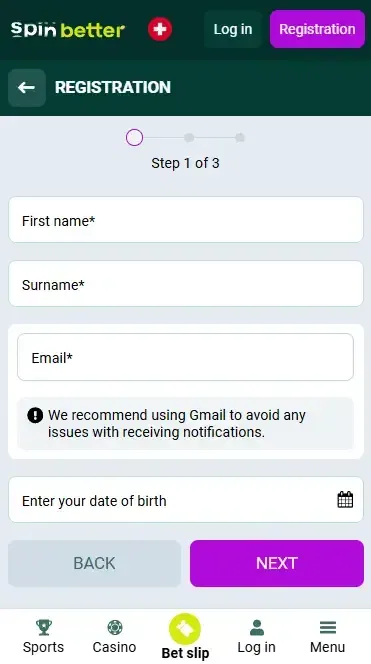 Spinbetter Switzerland registration via email