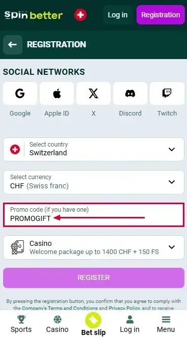 Spinbetter Switzerland promo code