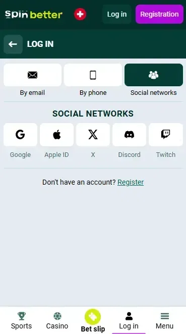 Spinbetter Switzerland Login via Social Networks
