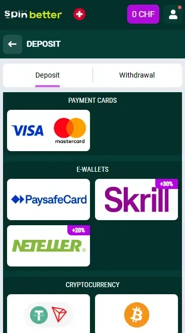 Spinbetter Switzerland Deposit Methods