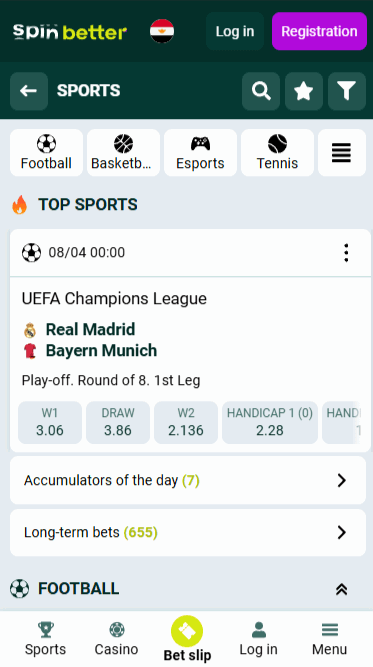 Sports in the Spinbetter App
