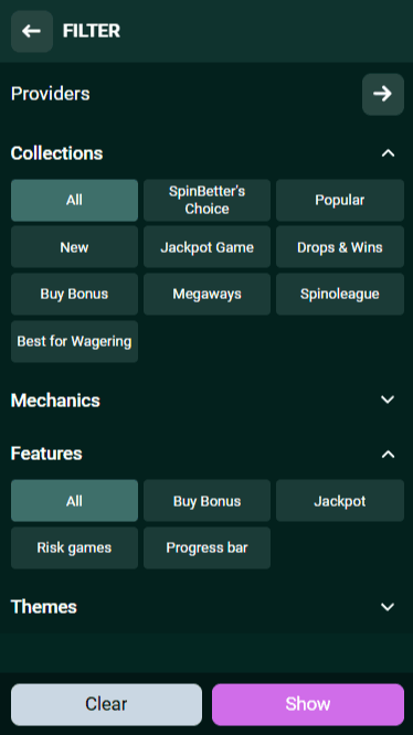 Spinbetter Games Filters