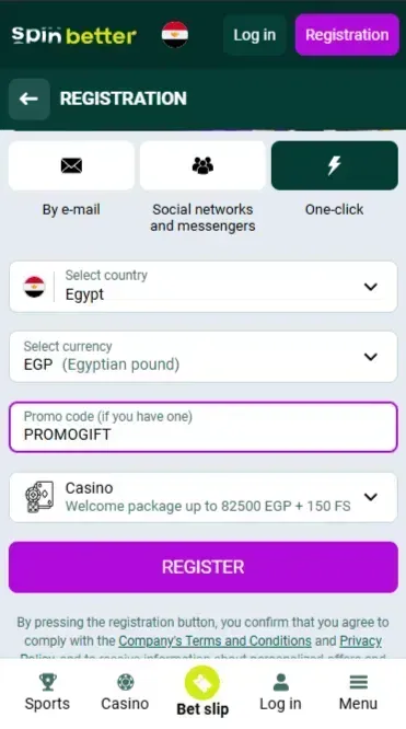 Spinbetter Registration Form