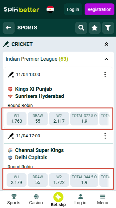Spinbetter Cricket Betting Odds