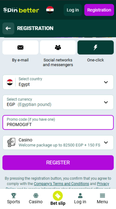 Spinbetter One-Click Registration