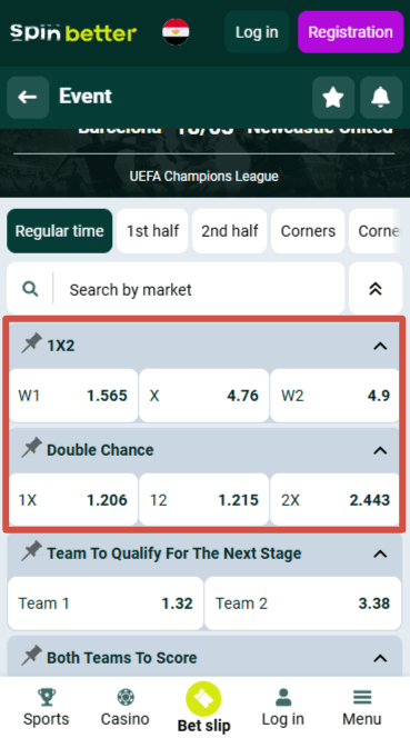 Spinbetter Match Result and Double Chance